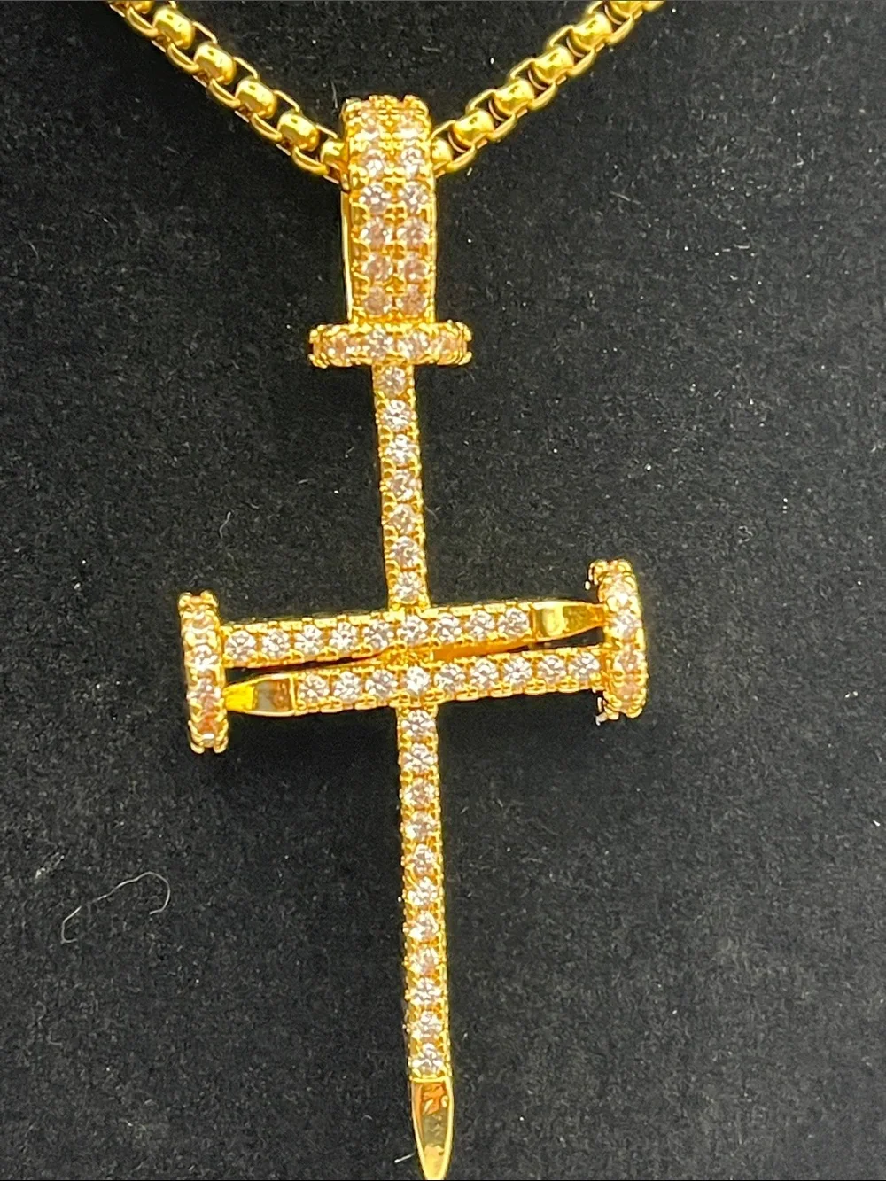24”, Gold over Stainless Steel Crystal Nail Cross Pendant w/ Rollo Necklace